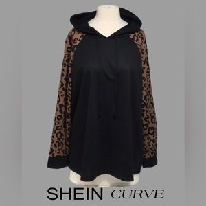 SHEIN CURVE Emory Rose Drawstring Hoodie w/Leopard‎ Print Sleeves, Pullover, 2XL